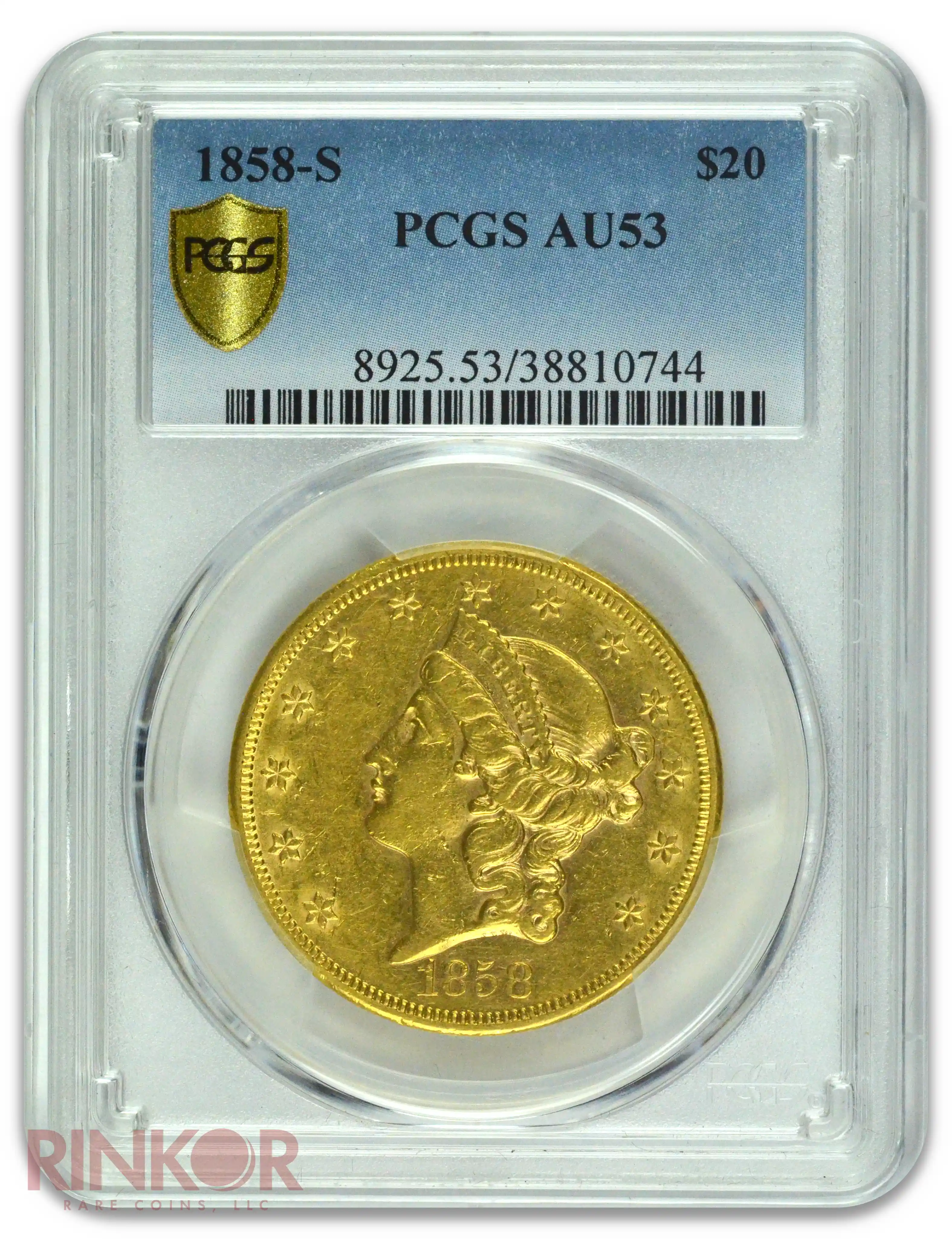 1858-S $20 Liberty Head PCGS AU-53