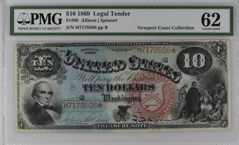 Fr. 96 1869 $10 Legal Tender Rainbow PMG 62  