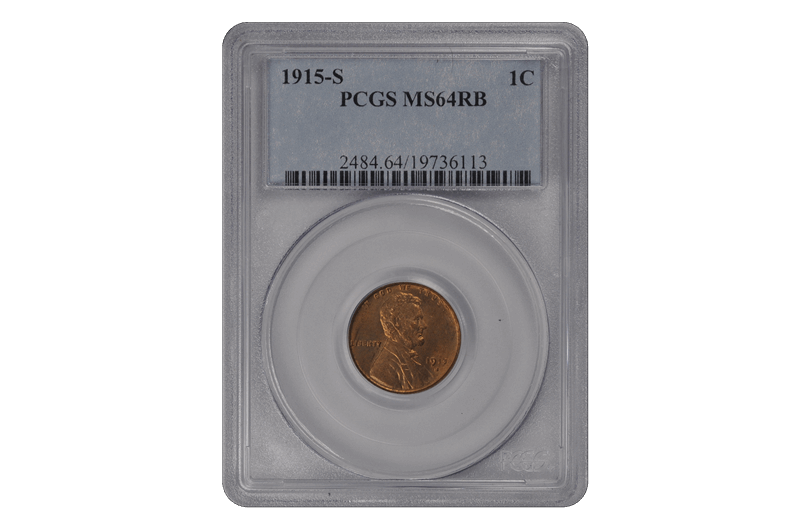 1915-S 1C Lincoln Cent - Type 1 Wheat Reverse PCGS RB #3688-14 MS64
