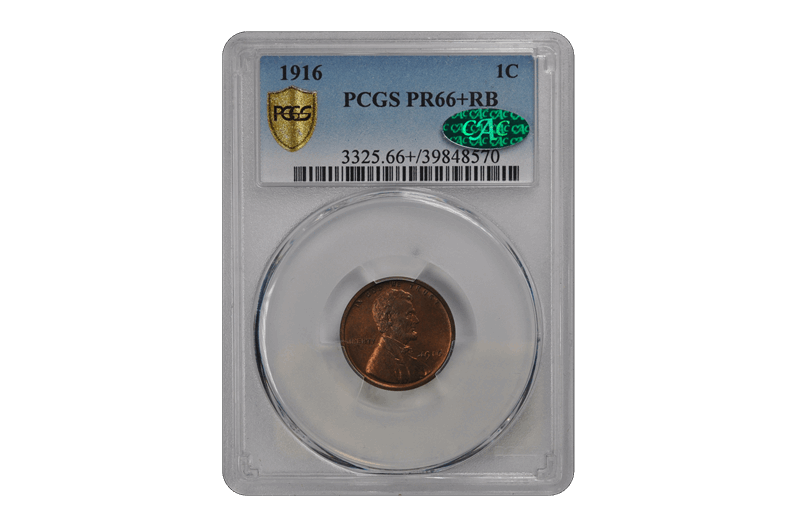 1916 1C Lincoln Cent - Type 1 Wheat Reverse PCGS RB (CAC) #3674-1 PR66+