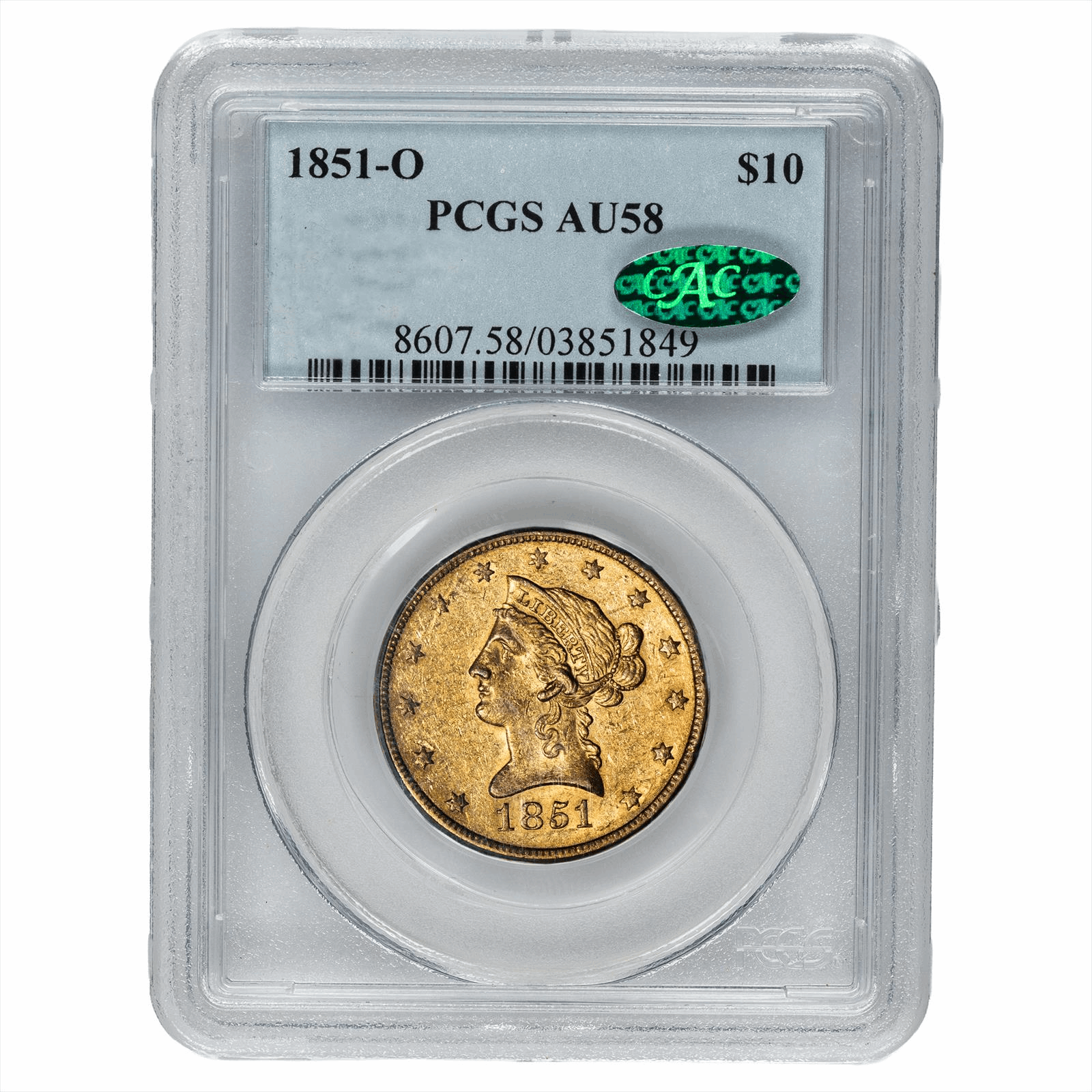 1851-O Liberty Head Gold Eagle $10 PCGS AU 58 CAC