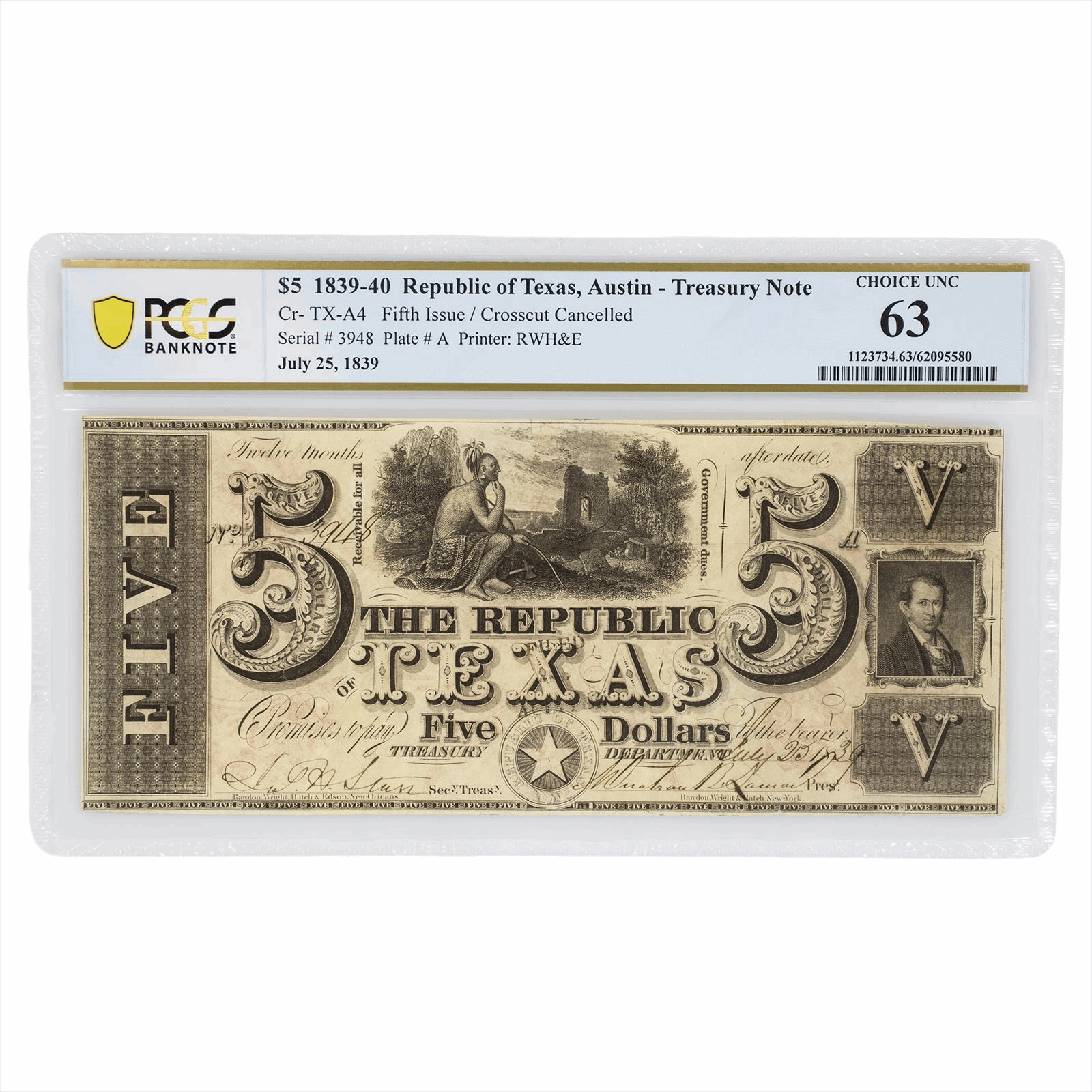 1839 Republic of Texas $5 Austin Red Back Treasury Note PCGS UNC 63
