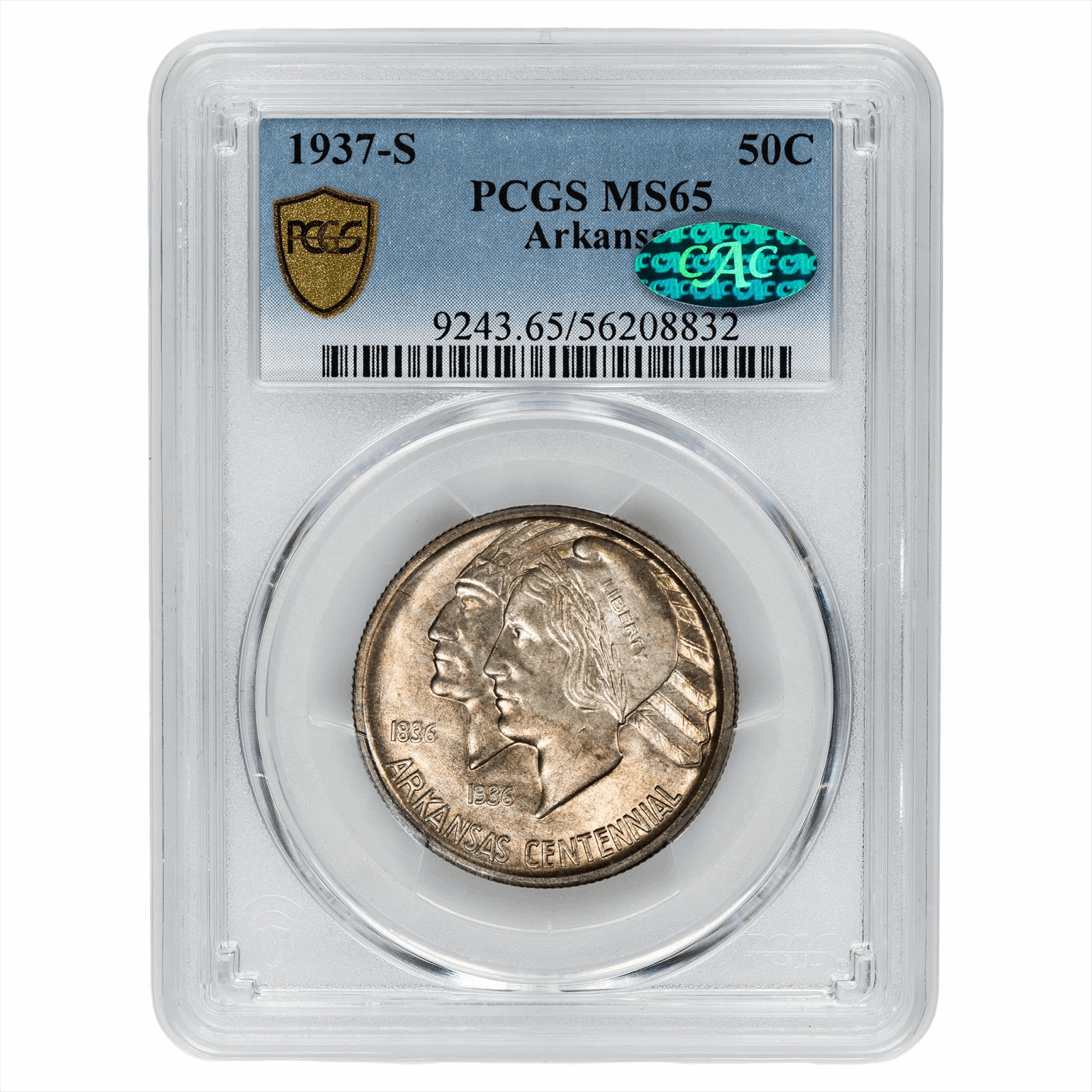 1937-S Arkansas Commemorative Half Dollar 50C PCGS MS 65 CAC