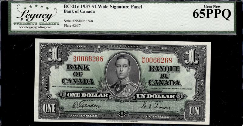 1937 $1 BC-21c  Wide Signature Panel Bank of Canada Gem New 65PPQ 