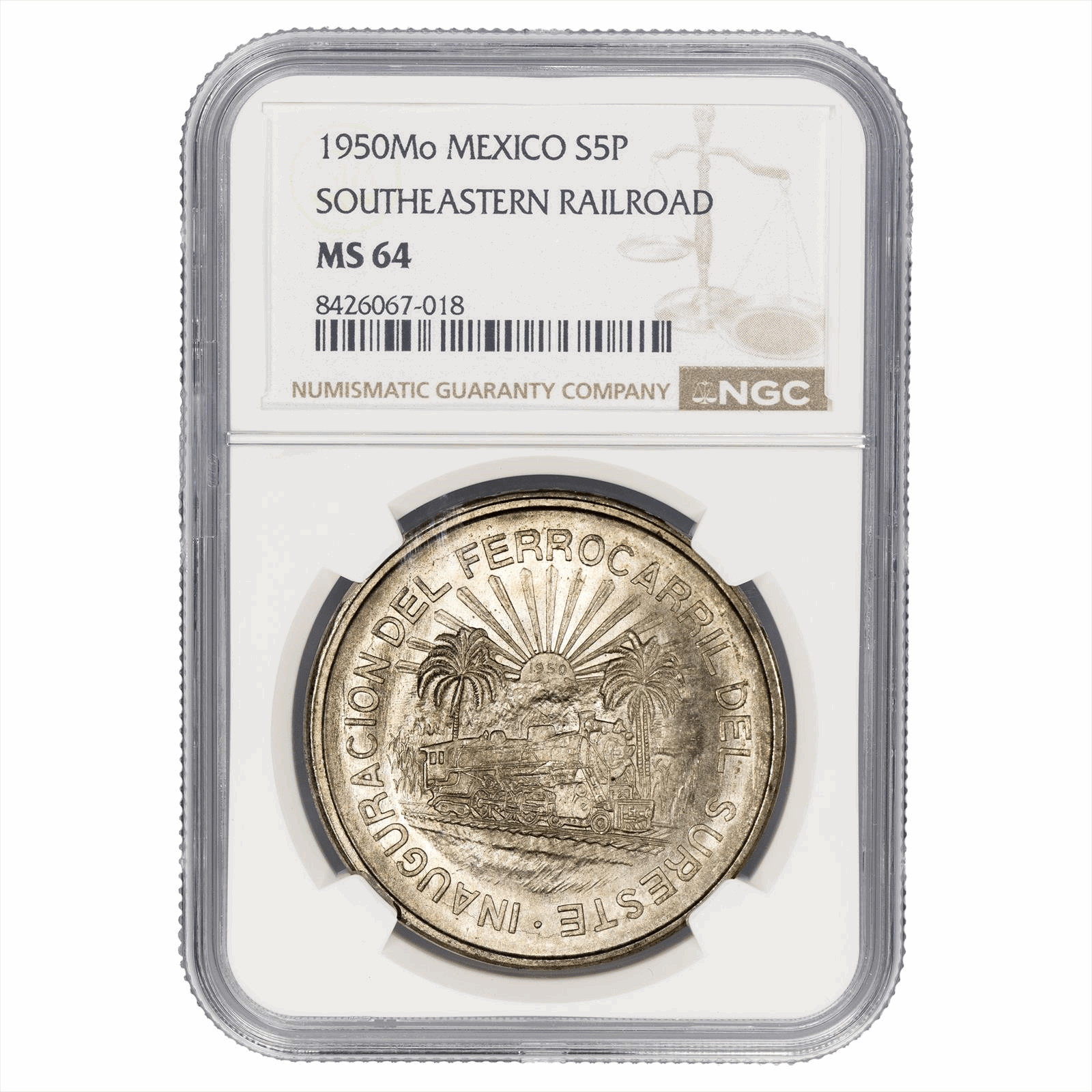 1950MO Mexico 5 Pesos Southeastern Railroad NGC MS 64