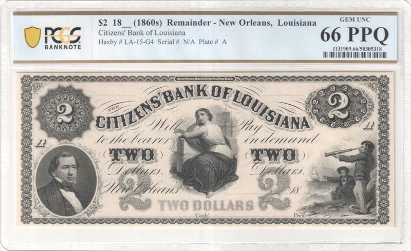 Haxby # LA-15-G4 18__ (1860s) $2 Citizens Bank of Louisiana PCGS 66PPQ 