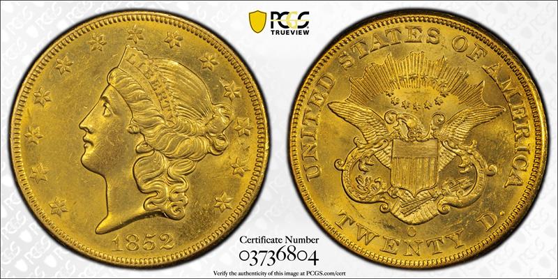 1852-O Liberty Head $20 PCGS AU 58