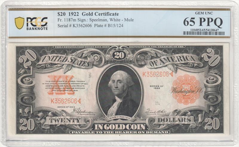 Fr. 1187m $20 1922 Gold Certificate PCGS  64PPQ