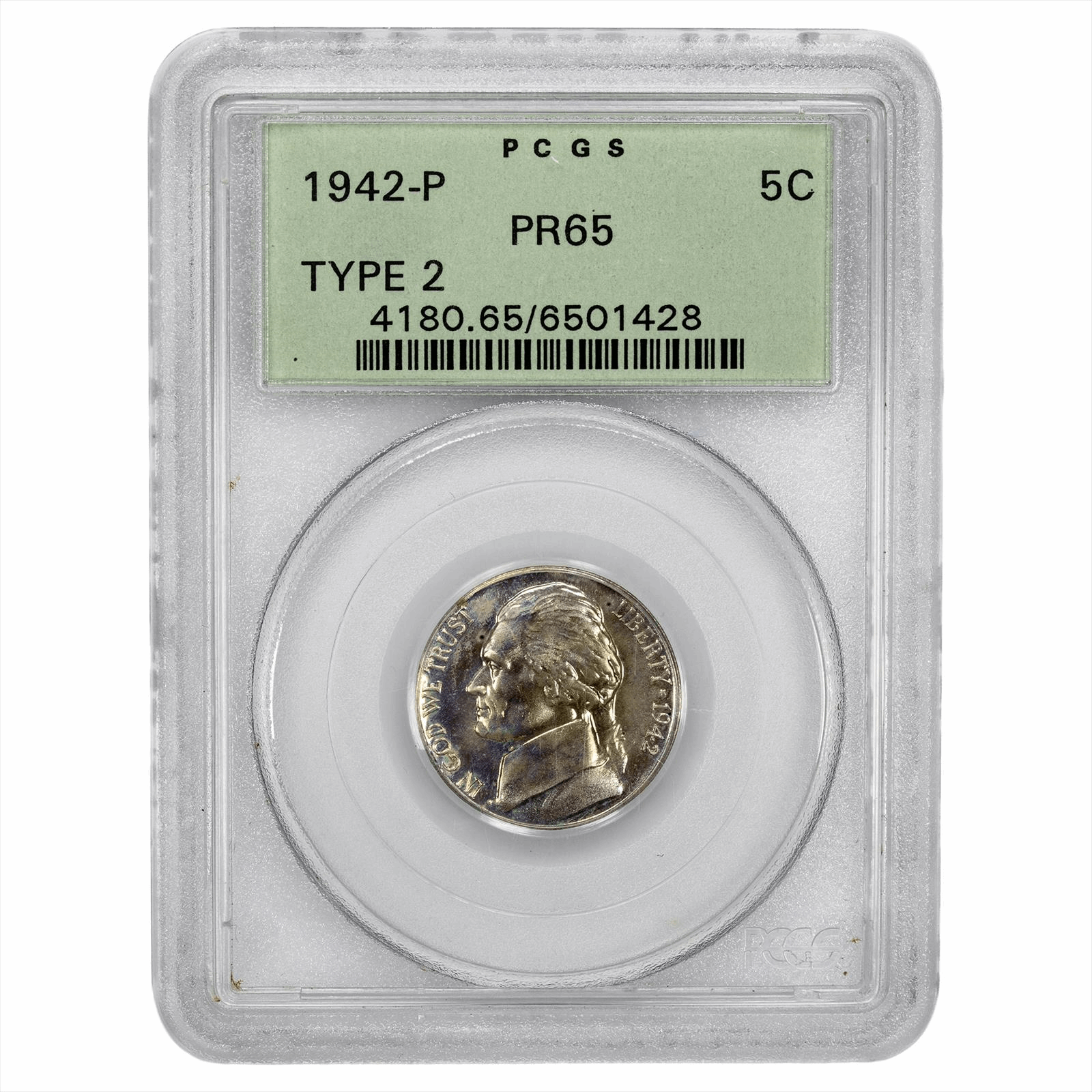 1942-P Type 2 Jefferson Nickel 5C PCGS PR 65