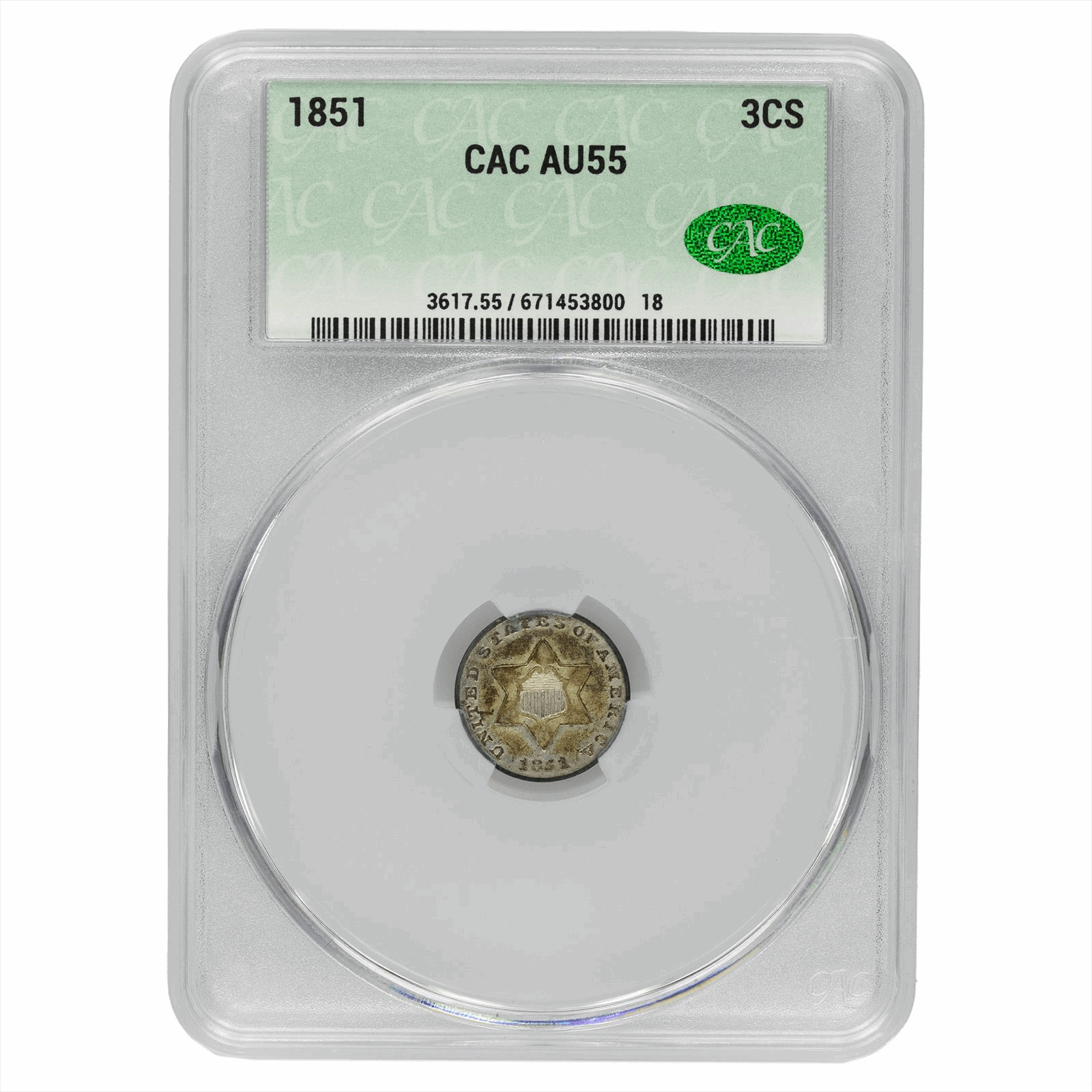1851 Three Cent Type 1 3CS CACG AU 55 CAC