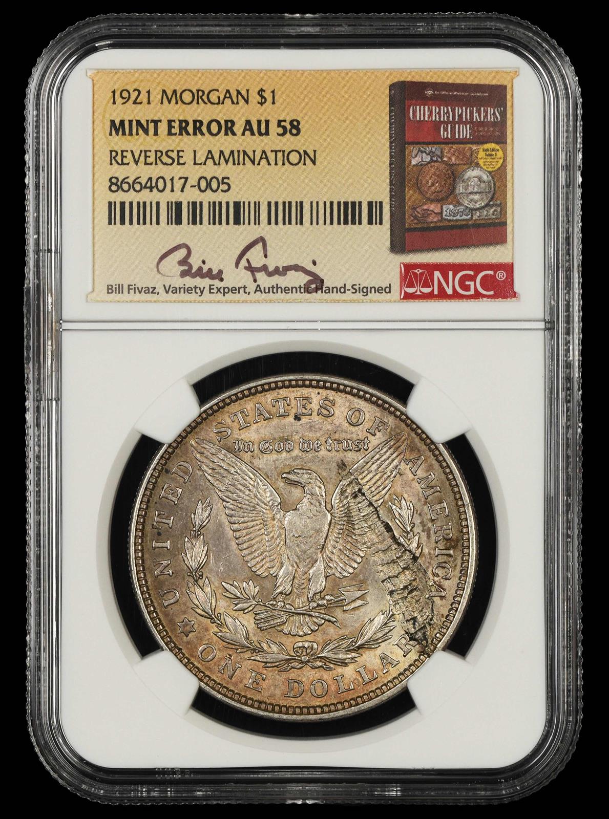 1921 Morgan $1 Mint Error Reverse Struck Thru Bill Fivaz Signature Label NGC AU-58