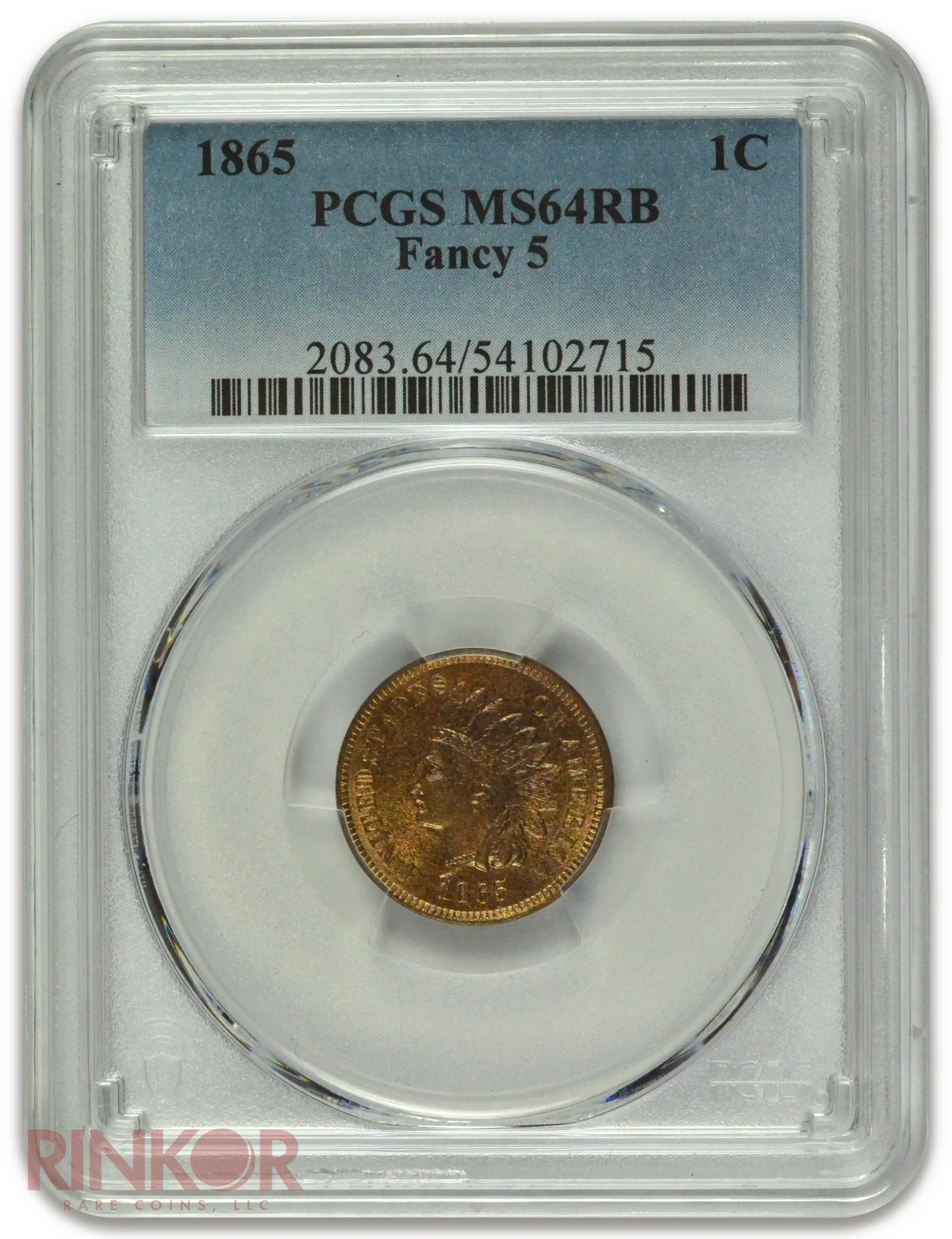 1865 1C Fancy 5 Indian Cent PCGS MS 64 RB