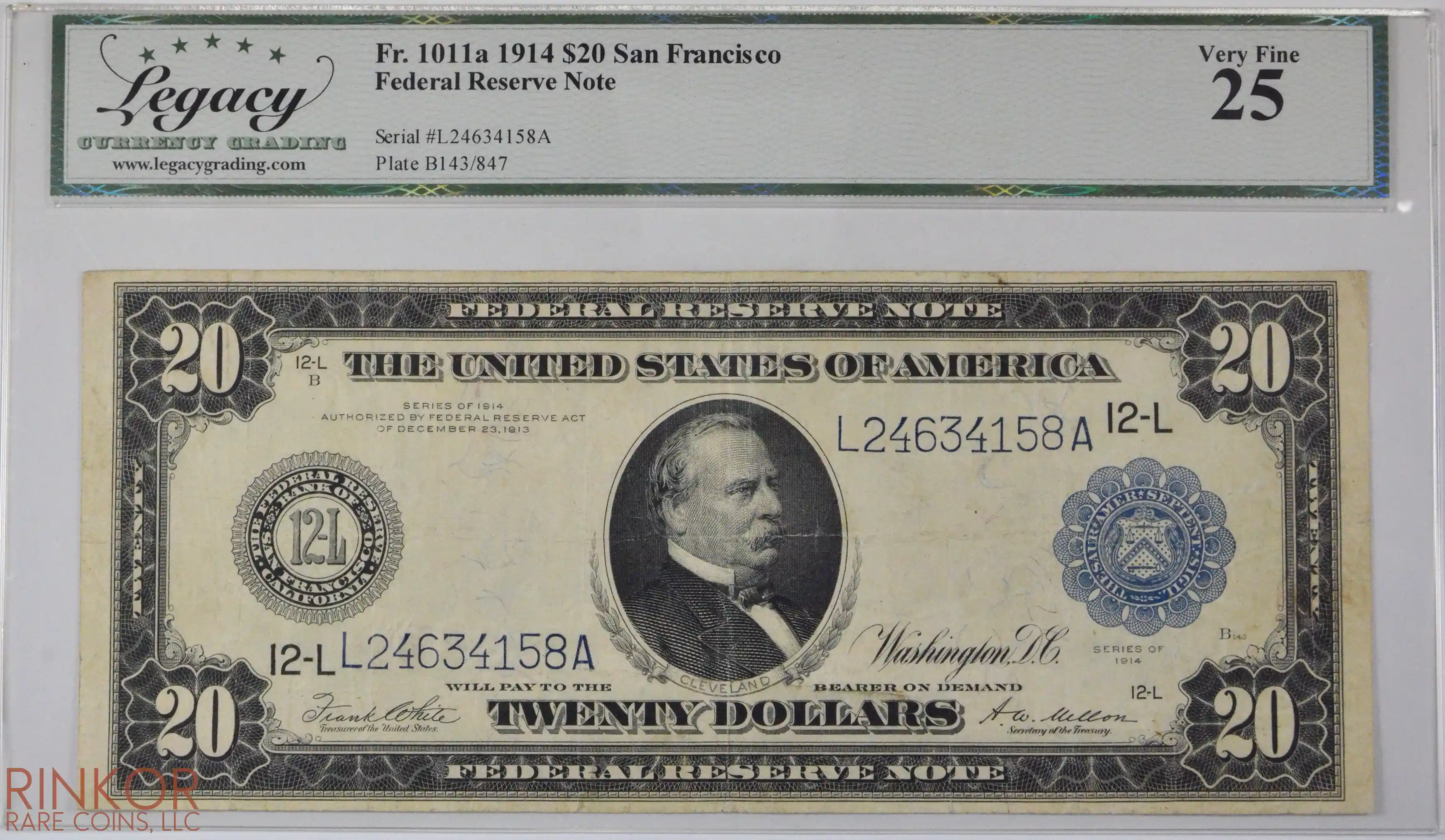 1914 $20 Fr. 1011a San Francisco Federal Reserve Note LCG VF-25