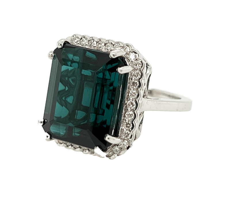 14ct Indicolite Tourmaline Ring with .35cttw Diamond Halo Accents, in Platinum 