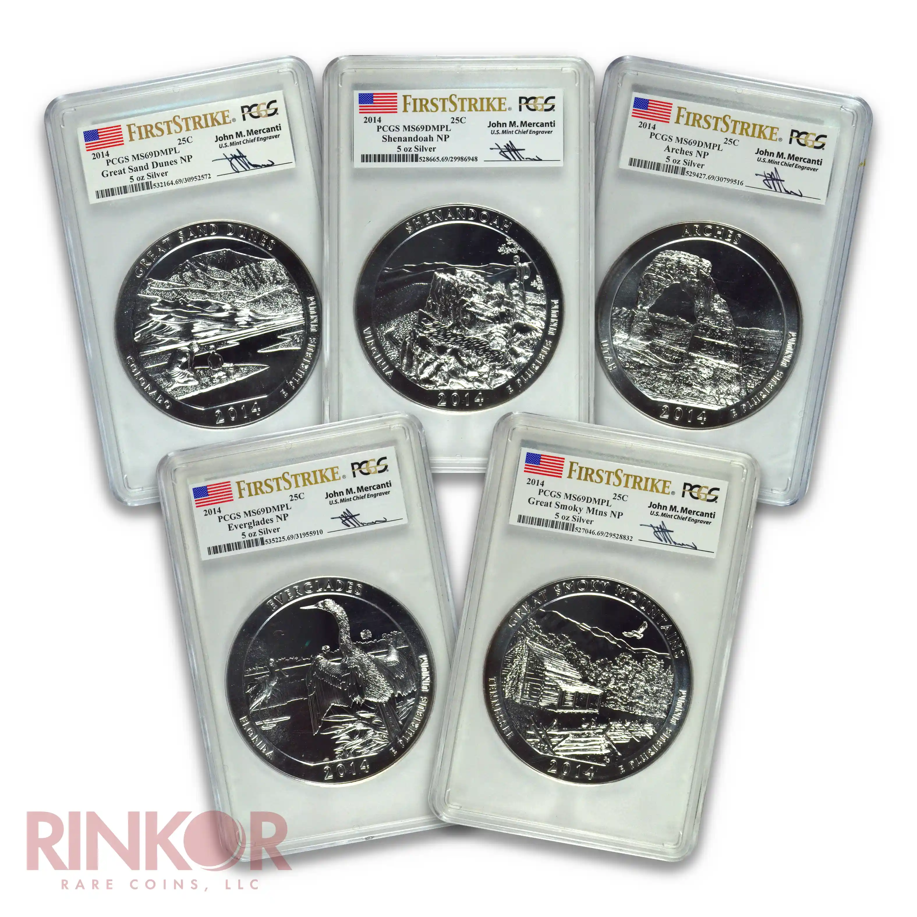 2014 5oz America the Beautiful 5-Coin Set First Strike Mercanti PCGS MS 69 DMPL