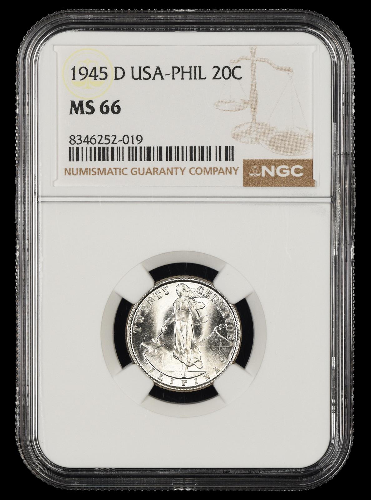 1945 D Philippines 20 Centavos NGC MS66