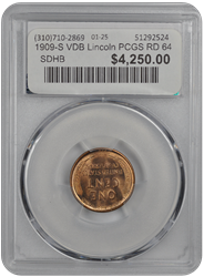 1909-S VDB Lincoln PCGS RD 64