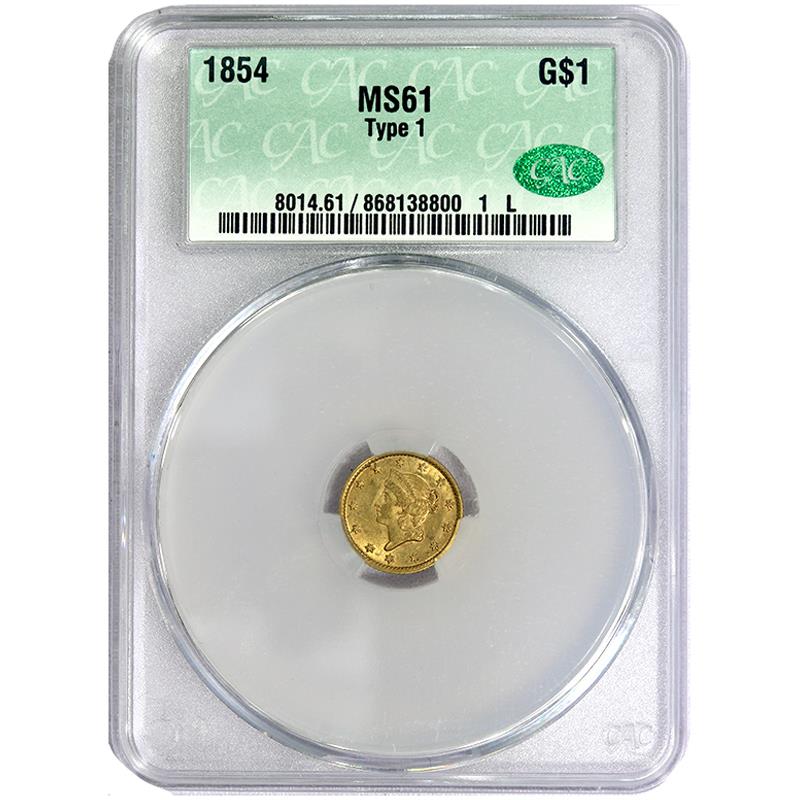 1854 Liberty Head Gold Dollar G$1, CACG MS-61 CAC - Type 1 