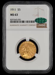 1911 $5 Gold NGC MS 63 CAC