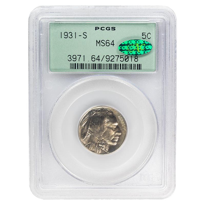 1931-S Buffalo Nickel, 5C PCGS MS 64, CAC Certified OGH