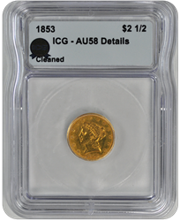 1853 	Gold $2 1/2 ICG AU 58