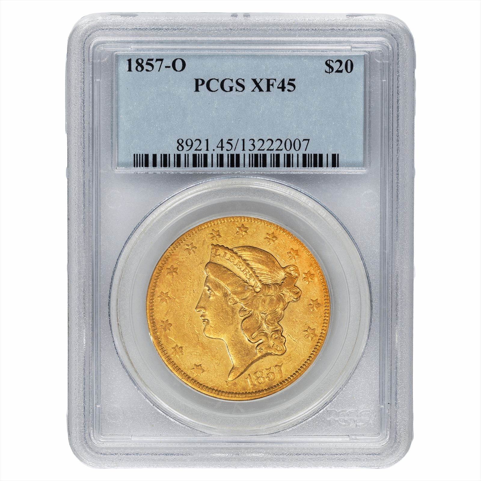 1857-O Liberty Head Gold Double Eagle $20 PCGS XF 45 - Original Choice EF 