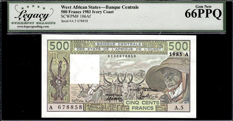 West African States Banque Centrale 500 Francs 1983 Ivory Coast Gem New 66PPQ 