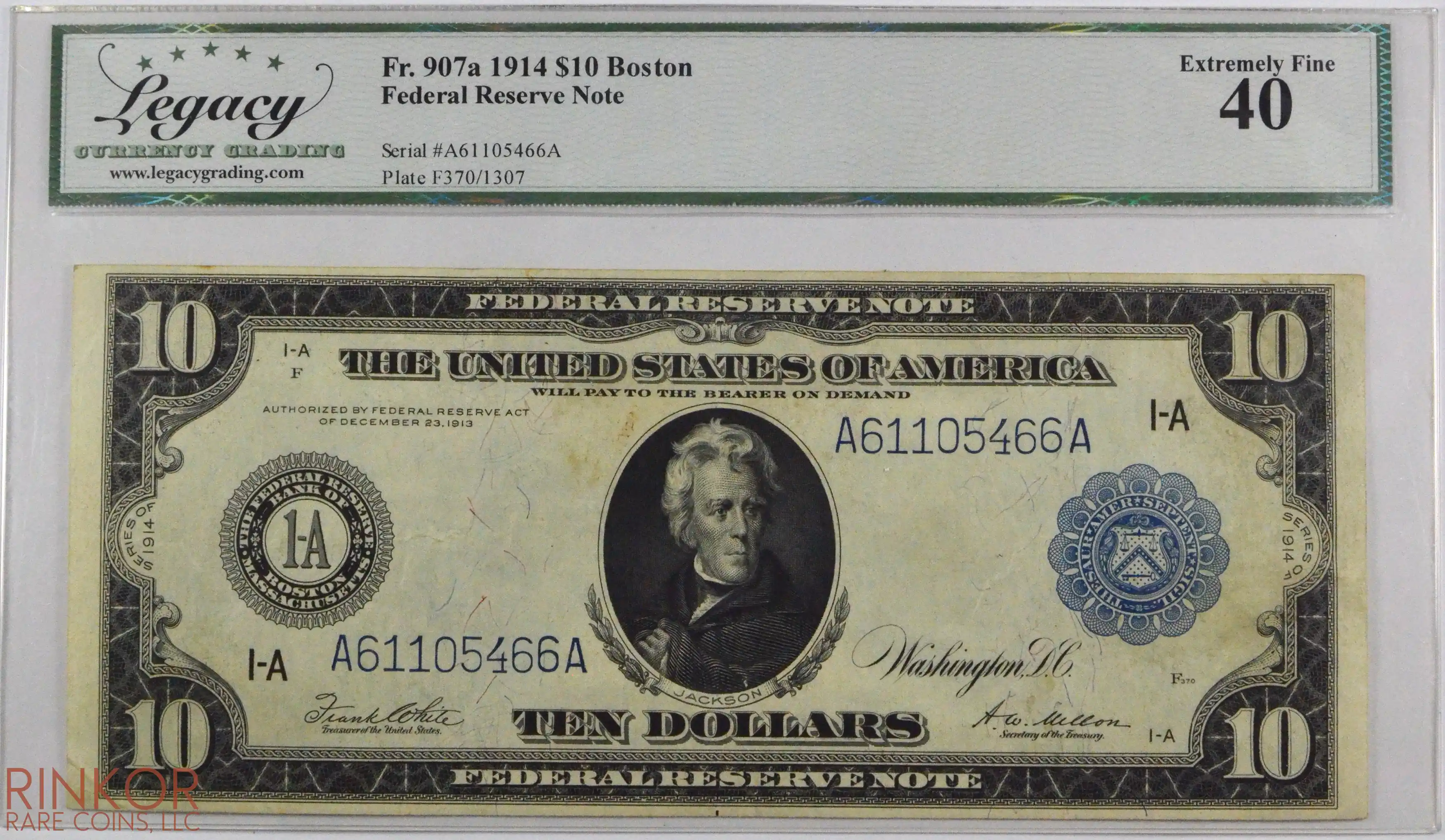 1914 $10 Fr. 907a Boston Federal Reserve Note LCG XF-40