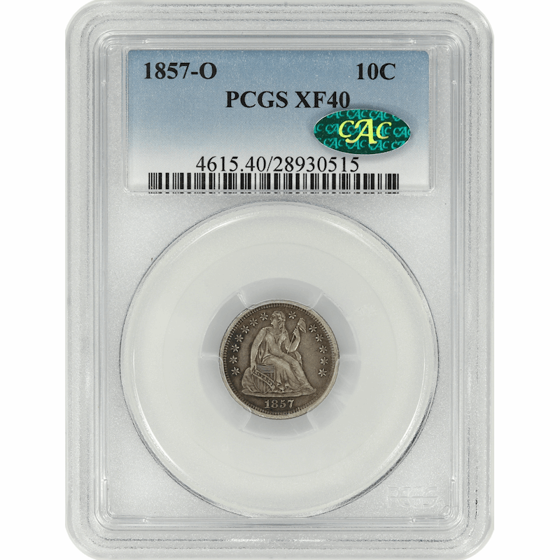 1857-O Seated Liberty Dime 10C PCGS and CAC XF40 New Orleans Mint Coin