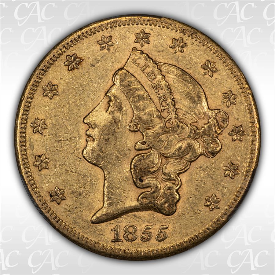 1855-S $20 CACG/CAC AU55 